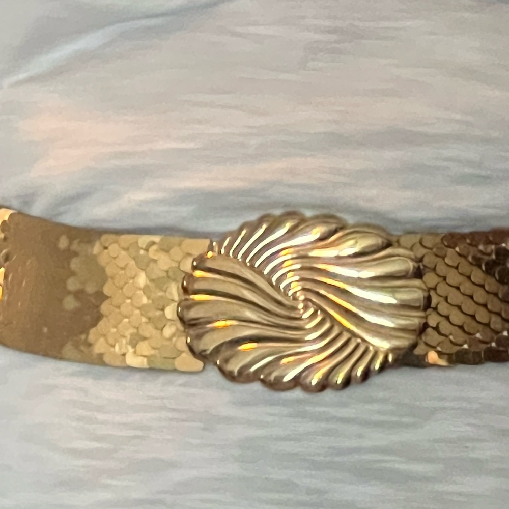 Trendy, retro, gold metal “scales” elastic belt  sz M